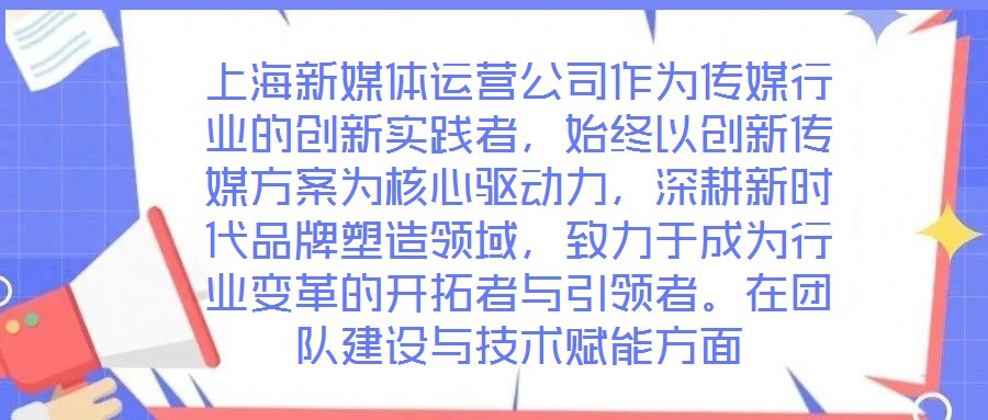 上海新媒體運(yùn)營公司作為傳媒行業(yè)的創(chuàng)新實踐者，始終以創(chuàng)新傳媒方案為核心驅(qū)動力，深耕新時代品牌塑造領(lǐng)域，致力于成為行業(yè)變革的開拓者與引領(lǐng)者。在團(tuán)隊建設(shè)與技術(shù)賦能方面