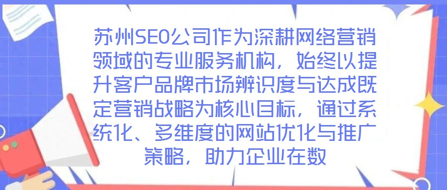 蘇州SEO公司作為深耕網(wǎng)絡營銷領域的專業(yè)服務機構(gòu)，始終以提升客戶品牌市場辨識度與達成既定營銷戰(zhàn)略為核心目標，通過系統(tǒng)化、多維度的網(wǎng)站優(yōu)化與推廣策略，助力企業(yè)在數(shù)