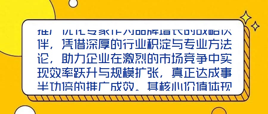 推廣優(yōu)化專家作為品牌增長的戰(zhàn)略伙伴，憑借深厚的行業(yè)積淀與專業(yè)方法論，助力企業(yè)在激烈的市場競爭中實現(xiàn)效率躍升與規(guī)模擴張，真正達成事半功倍的推廣成效。其核心價值體現(xiàn)