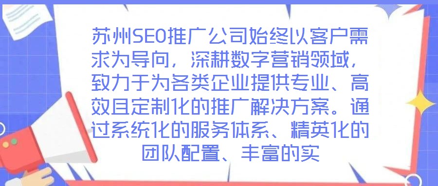 蘇州SEO推廣公司始終以客戶需求為導(dǎo)向，深耕數(shù)字營銷領(lǐng)域，致力于為各類企業(yè)提供專業(yè)、高效且定制化的推廣解決方案。通過系統(tǒng)化的服務(wù)體系、精英化的團(tuán)隊(duì)配置、豐富的實(shí)
